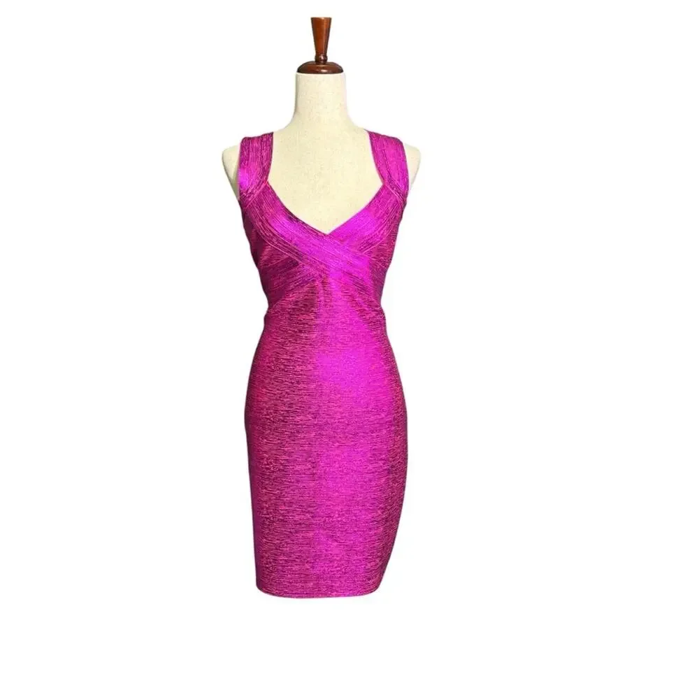 NWT Siena Magenta Sweetheart Neck Foiled Metallic Bandage Dress Size 14 1258